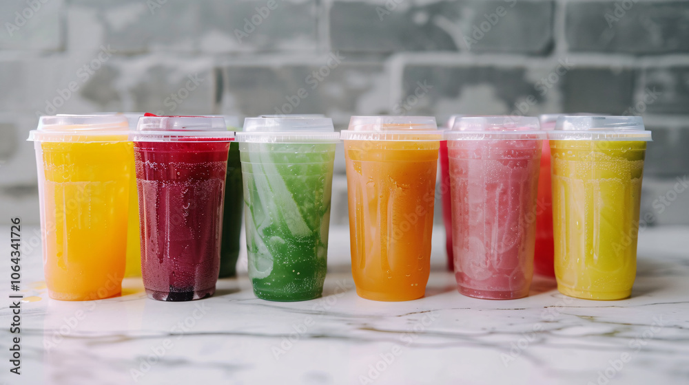 Row of colorful smoothies in plastic cups with lids on a marble surface, offering a variety of fresh, healthy drink options Row of colorful smoothies in plastic cups with lids on a marble surface, offering a variety of fresh, healthy drink options