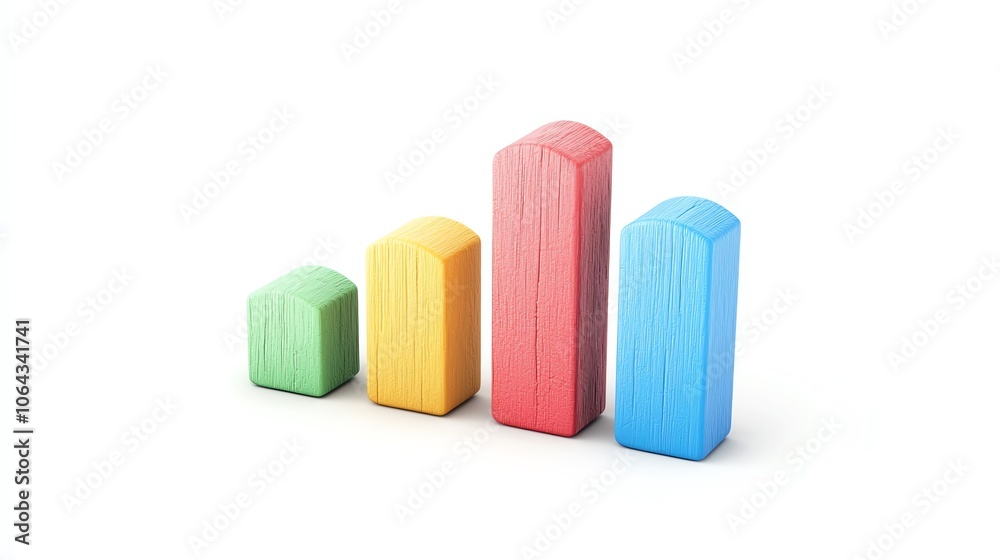 Colorful wooden bars represent growth and progress in business metrics, ideal for illustrating success and data analysis. Colorful wooden bars represent growth and progress in business metrics, ideal for illustrating success and data analysis.