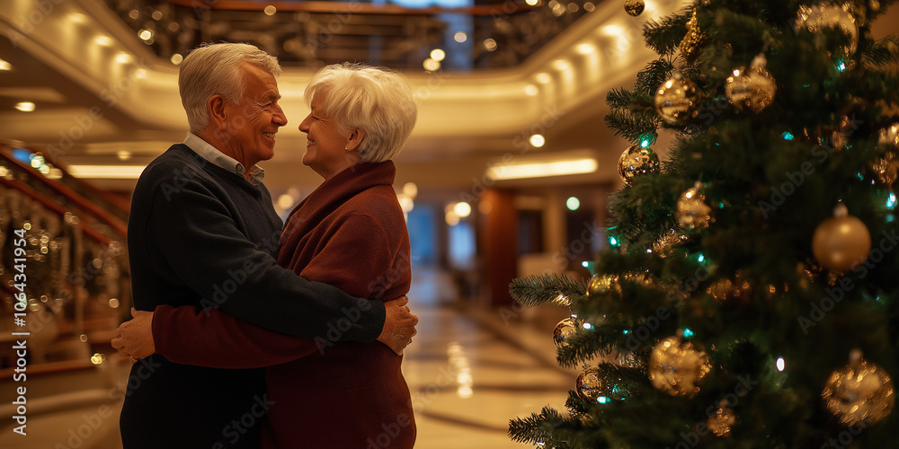 Senior couple embracing near christmas tree in hotel lobby Senior couple embracing near christmas tree in hotel lobby