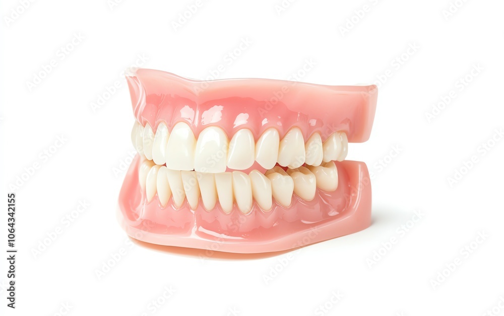 A realistic dental model showcasing a complete set of teeth on a pink gum base, isolated on a white background for educational purposes. A realistic dental model showcasing a complete set of teeth on a pink gum base, isolated on a white background for educational purposes.