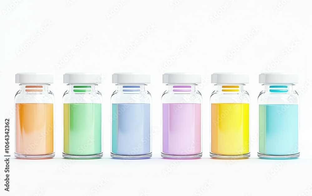 A collection of six glass vials filled with colorful liquids, displayed against a white background, representing diversity in chemical substances. A collection of six glass vials filled with colorful liquids, displayed against a white background, representing diversity in chemical substances.