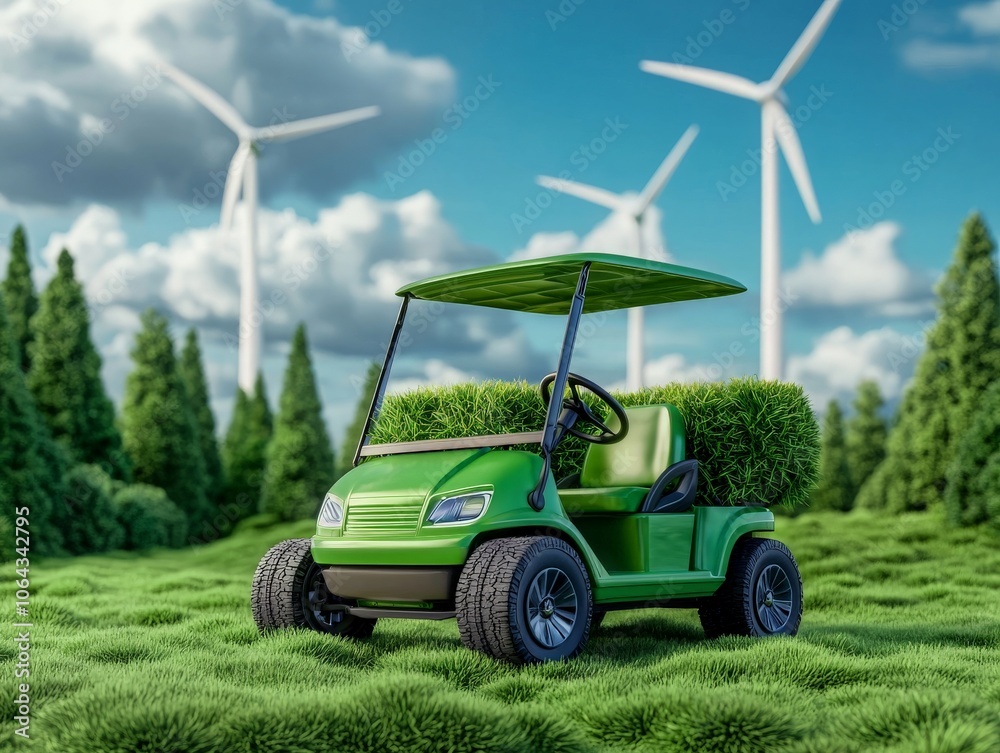 Eco-Friendly Electric Golf Cart on Lush Green Field Eco-Friendly Electric Golf Cart on Lush Green Field