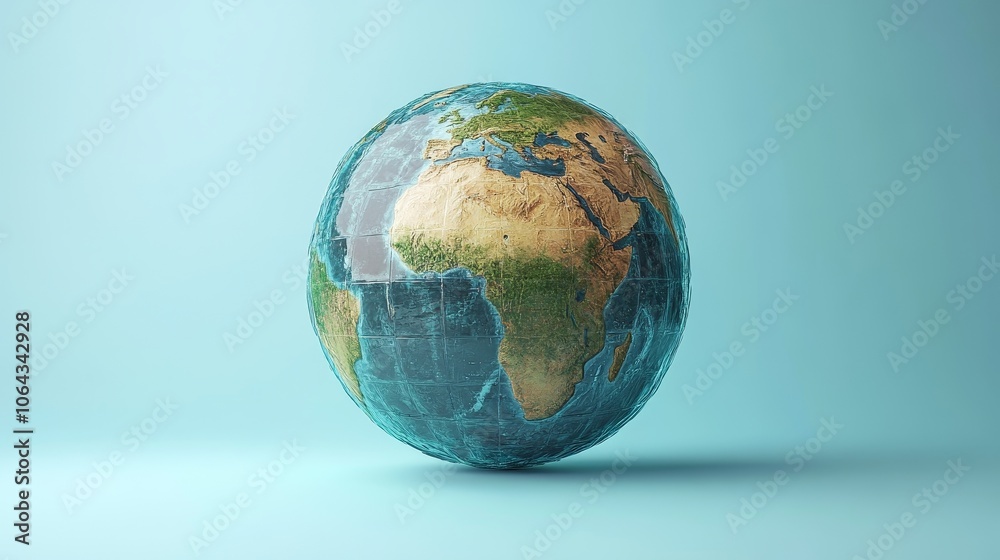Stylized transparent globe symbolizing global connectivity with a focus on Africa, set against a soft blue background, representing international networks, technology, and worldwide communication. Stylized transparent globe symbolizing global connectivity with a focus on Africa, set against a soft blue background, representing international networks, technology, and worldwide communication.