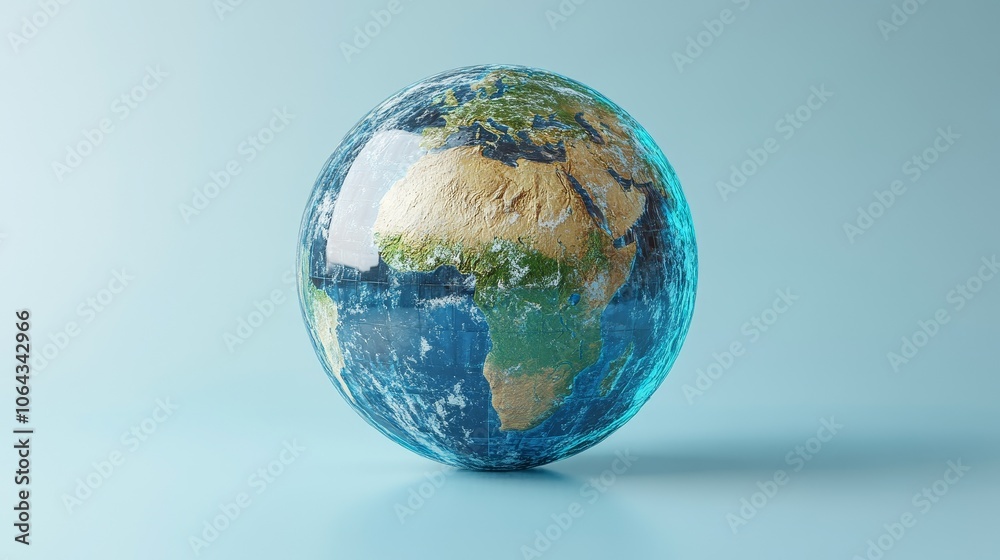 Stylized transparent globe symbolizing global connectivity with a focus on Africa, set against a soft blue background, representing international networks, technology, and worldwide communication. Stylized transparent globe symbolizing global connectivity with a focus on Africa, set against a soft blue background, representing international networks, technology, and worldwide communication.
