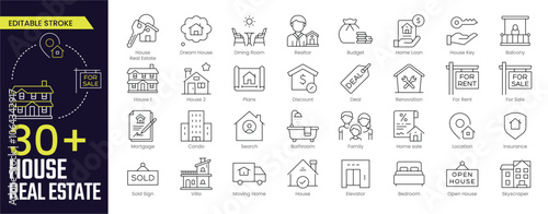 House Real Estate Stroke icon collections. Containing Dream House, Realtor, Budget, Home Loan, House Key, Open House, Insurance, Location, For Rent, and For Sale icons. Editable Stroke icon collection