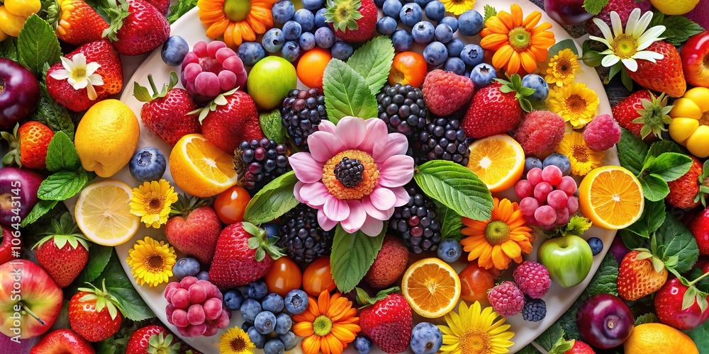 A delightful circle adorned with a vibrant mix of fruit and flowers. A delightful circle adorned with a vibrant mix of fruit and flowers.