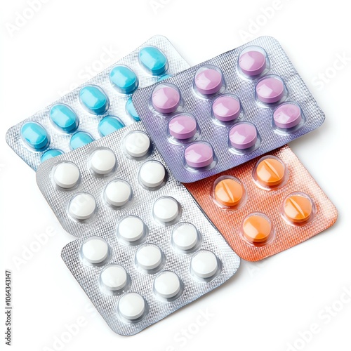 Various colorful pharmaceutical tablets and capsules in transparent packaging, isolated on a white background.
