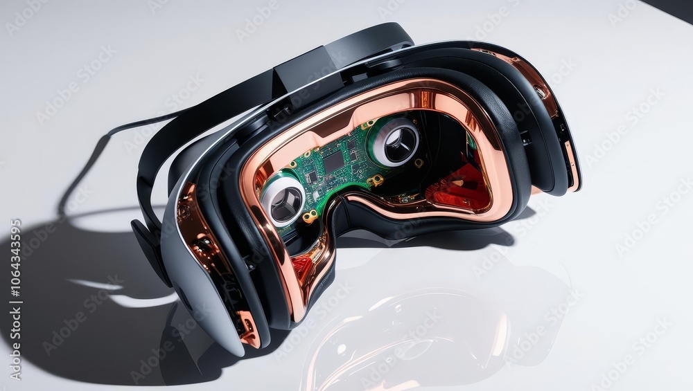 A close-up shot of a disassembled VR headset, revealing intricate copper wiring and circuit boards, symbolizing technology, repair, innovation, immersion, and future. A close-up shot of a disassembled VR headset, revealing intricate copper wiring and circuit boards, symbolizing technology, repair, innovation, immersion, and future.