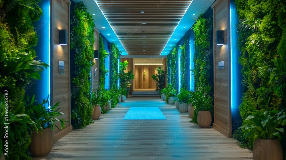 Serene Spa Corridor with Lush Greenery and Light Serene Spa Corridor with Lush Greenery and Light