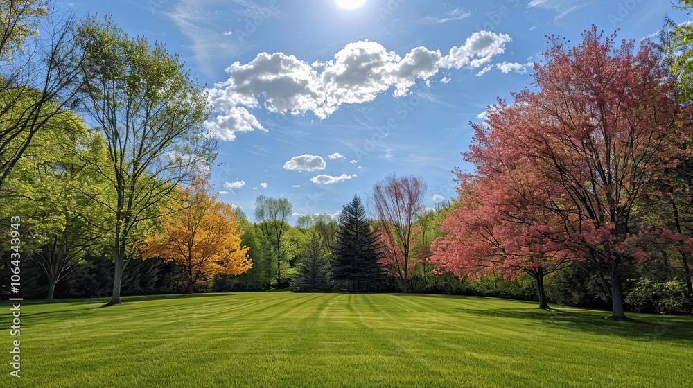 Stunning Blurred Background of Spring Nature Featuring a Trimmed Lawn and Trees Under a Blue Sky Stunning Blurred Background of Spring Nature Featuring a Trimmed Lawn and Trees Under a Blue Sky