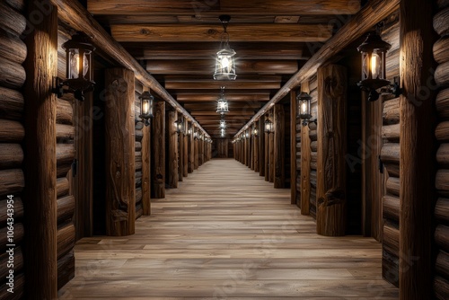 Rustic Wooden Corridor with Exposed Beams and Lanterns