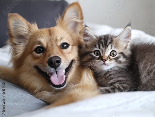 Happy dog and cat together on a bed.