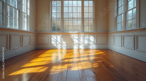 Luxurious and Elegant White Room Interior with Sunlit Space, Paneled Walls, and Wood Floor - Perfect for Zoom Virtual Background