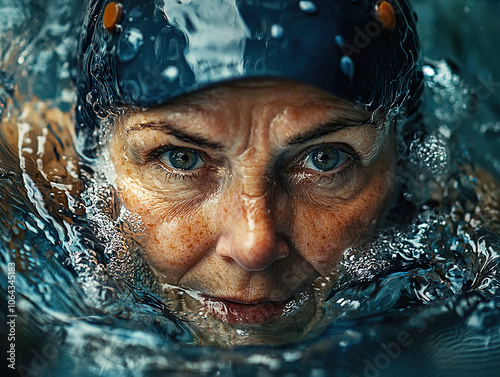 Close-up of a determined swimmer in a pool, wearing a swim cap and goggles. The water splashes as they focus on a powerful stroke. photo