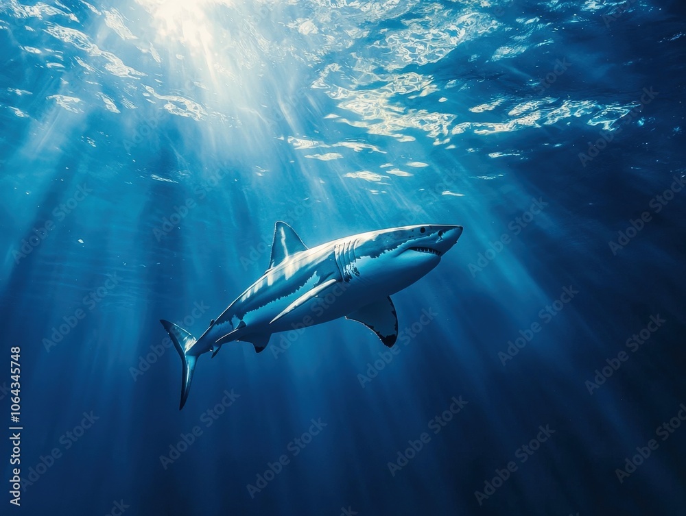 Fototapeta premium Majestic Great White Shark Swimming Through Sunlit Ocean Depths