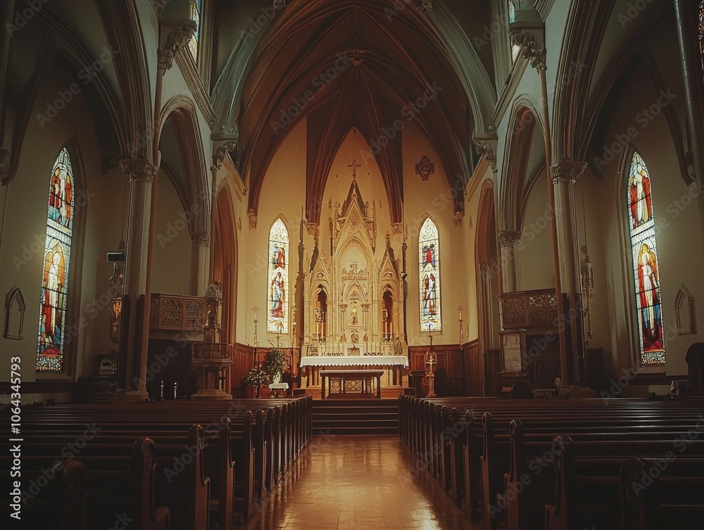 Fototapeta premium Majestic Interior of a Historic Church with Ornate Architecture and Stained Glass