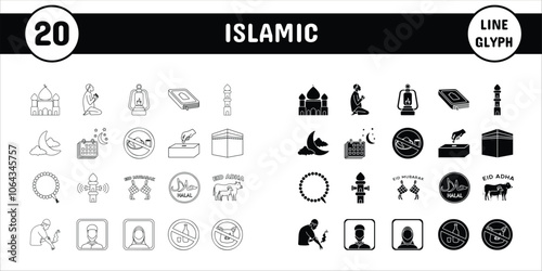 Islamic Line Glyph Vector Illustration Icon Sticker Set Design Materials
