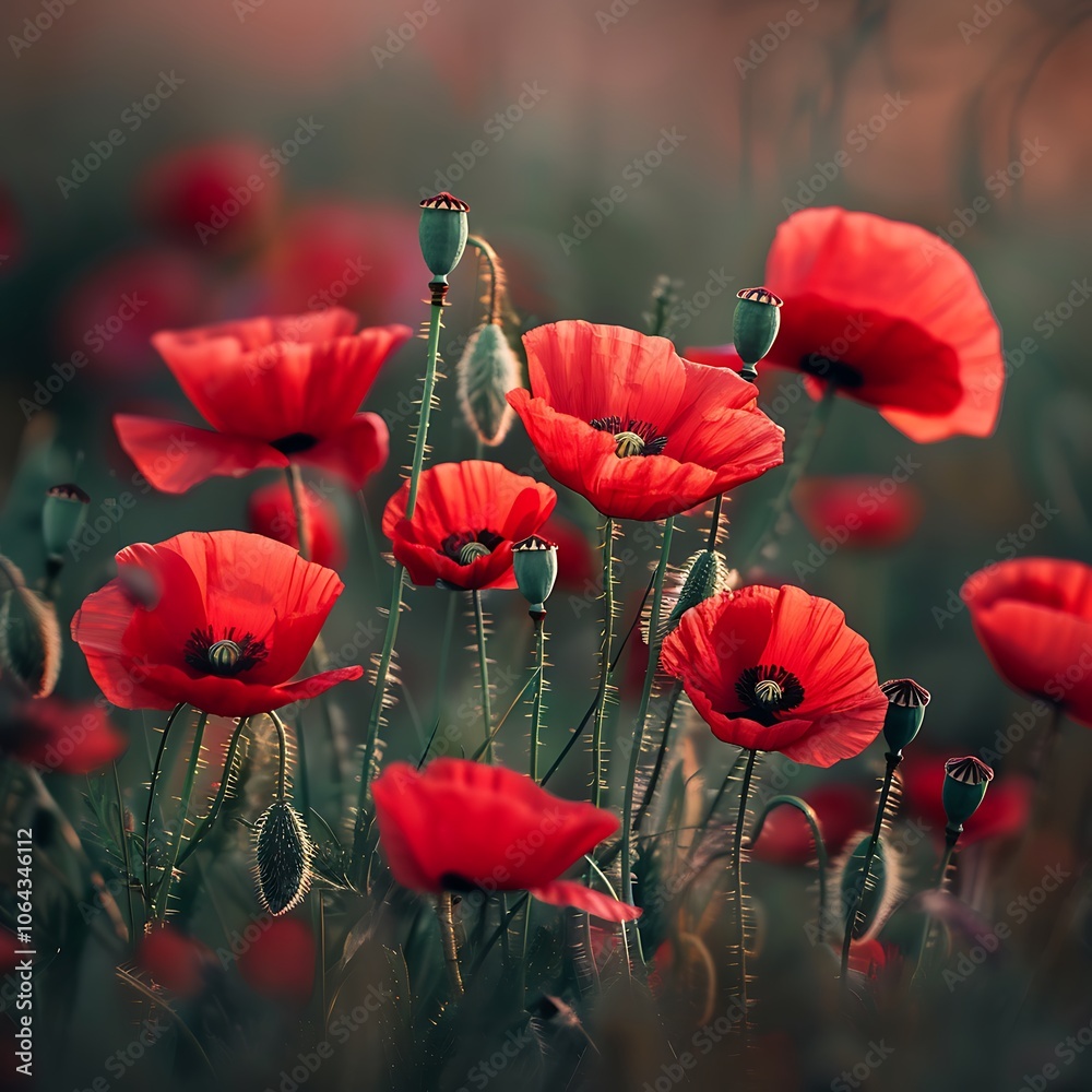 Obraz premium Beautiful red poppies blooming in the field at sunset