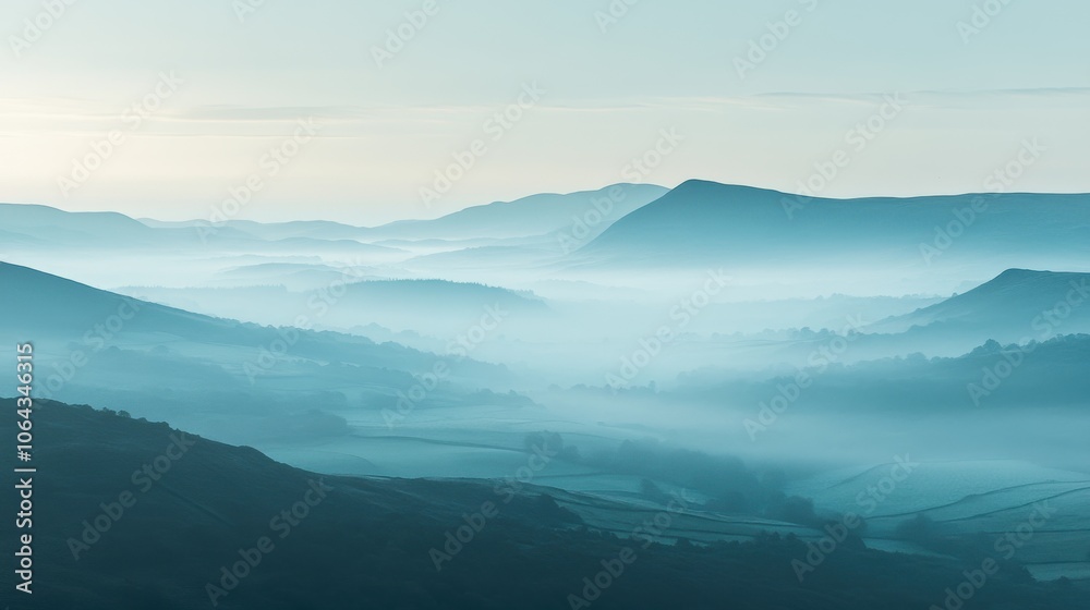 Obraz premium As dawn breaks, a serene mist envelops the valley, creating a tranquil atmosphere. The soft hues of morning light illuminate the rolling hills and dense foliage.