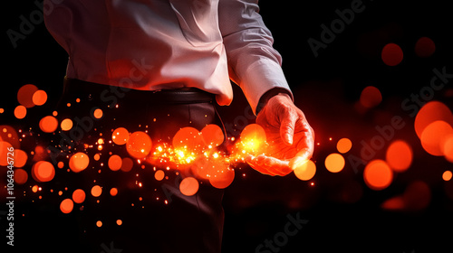 person holding glowing particles in their hand, symbolizing creativity and innovation. vibrant orange lights create magical atmosphere
