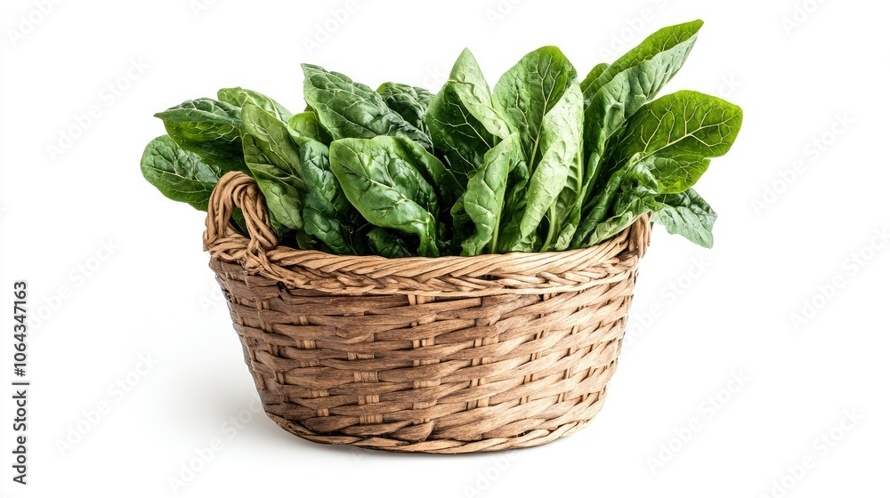 Fresh Spinach in Woven Basket with Green Leaves Fresh Spinach in Woven Basket with Green Leaves