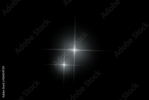 Silver sparkle lights, flashing lights, light effects, sunlight lens flare, glowing ray beams, sparkling starsicon on black background. photo