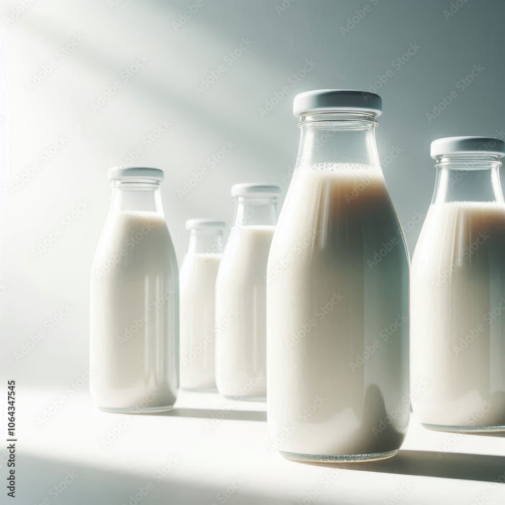 Close-up view of milk bottles against a white backdrop, showcasing freshness and quality Close-up view of milk bottles against a white backdrop, showcasing freshness and quality