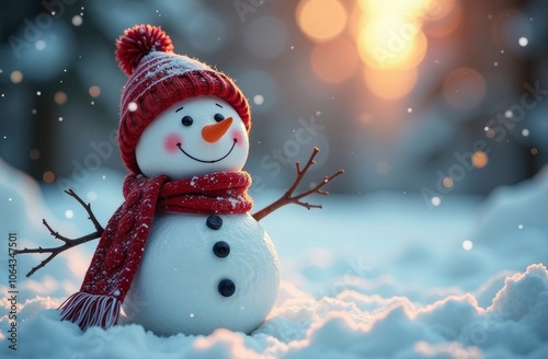 Cheerful snowman wearing a red scarf and hat stands in fresh snow amid falling snowflakes during a winter sunset photo