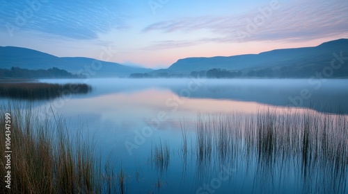 As dawn breaks, soft mist rises from the calm waters of the lake, encircled by lush hills and swaying reeds, creating a peaceful atmosphere and a serene landscape.