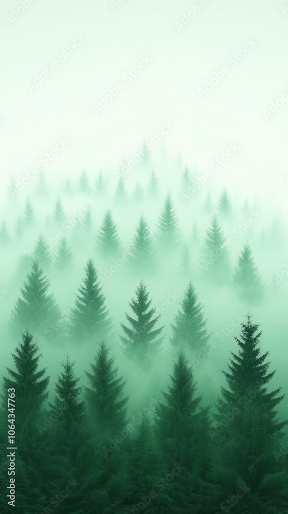 Fototapeta premium Foggy Forest Landscape Misty Pine Trees Nature Background Wilderness Green Canopy Wo