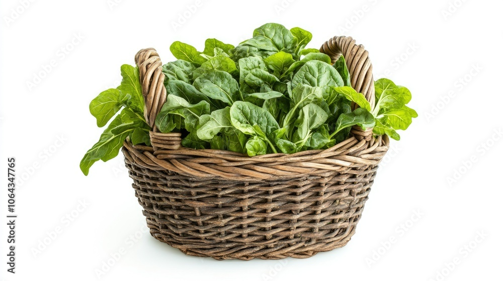 Fresh Spinach in a Rustic Woven Basket Fresh Spinach in a Rustic Woven Basket