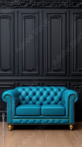 Teal Chesterfield Sofa in Luxurious Living Room with Black Wainscot Walls