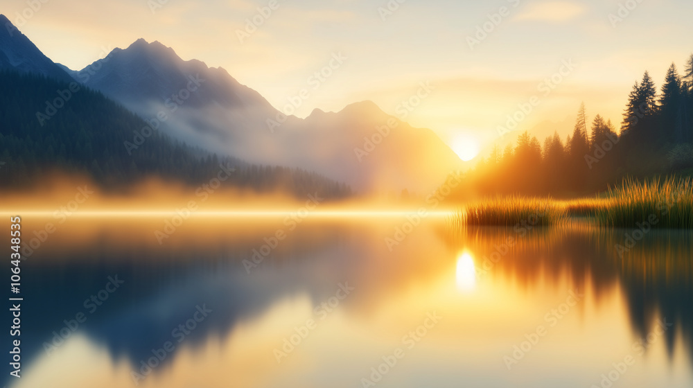 Sunrise over a serene mountain lake, mist rising with warm sunlight, nature’s calm. Sunrise over a serene mountain lake, mist rising with warm sunlight, nature’s calm.
