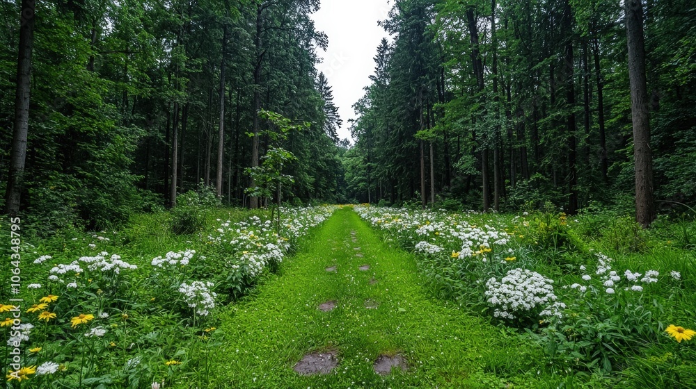 Obraz premium A serene forest pathway surrounded by vibrant wildflowers on a cloudy day in a lush woodland area