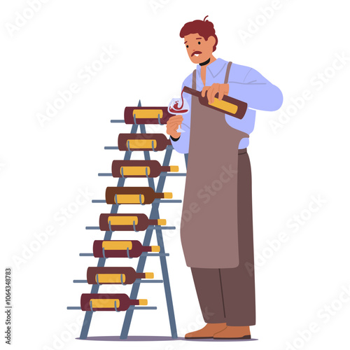 Wine Expert In An Apron Pours Red Wine From A Bottle Into A Glass, Standing Beside A Rack Filled With Wine Bottles