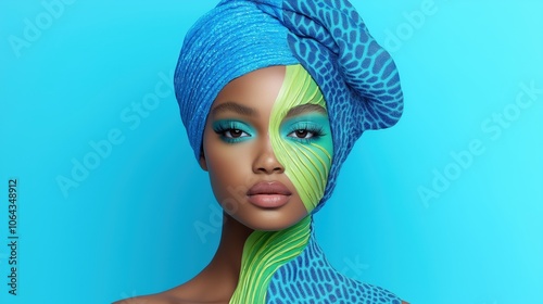 A striking portrait of a woman adorned in vivid blue and green face paint against a vibrant turquoise background