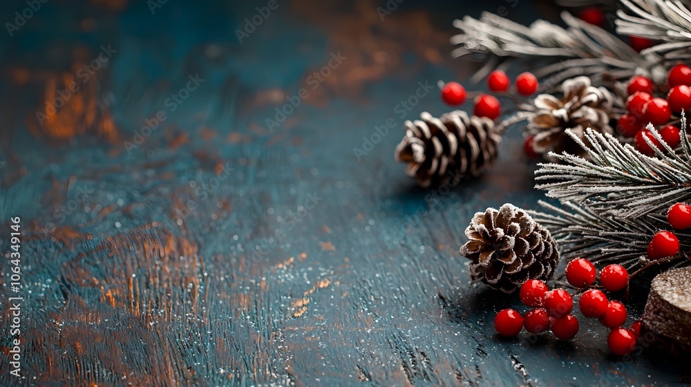Closeup of a beautiful holiday wreath made with red berries pine cones and frosted evergreen pine needles set against a dark wooden background Closeup of a beautiful holiday wreath made with red berries pine cones and frosted evergreen pine needles set against a dark wooden background