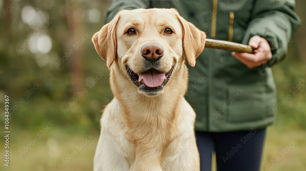 A happy labrador retriever enjoys a day outdoors with its owner in nature's embrace A happy labrador retriever enjoys a day outdoors with its owner in nature's embrace