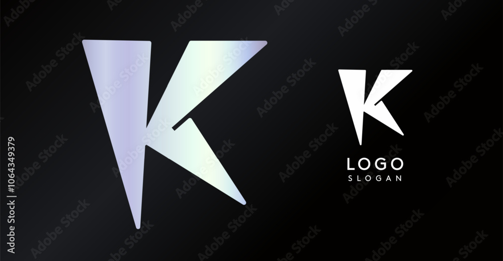 Geometric triangular K letter, abstract dynamic logo, modern holographic gradient monogram for gaming, technology, urban art, innovation, streetwear brand, sci-fi cybersport. Vector illustration Geometric triangular K letter, abstract dynamic logo, modern holographic gradient monogram for gaming, technology, urban art, innovation, streetwear brand, sci-fi cybersport. Vector illustration