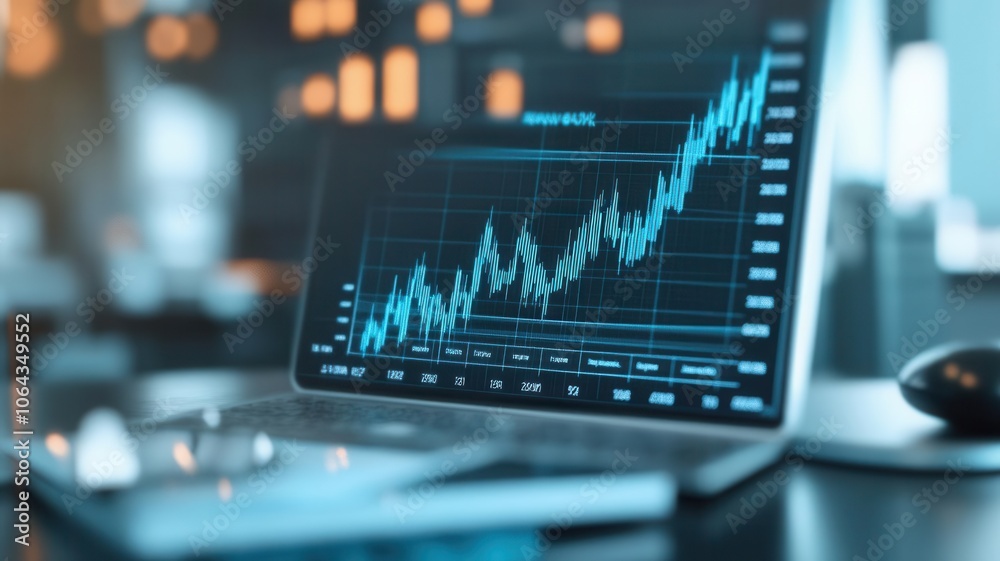 Detailed financial growth graph with interest rate data, office background