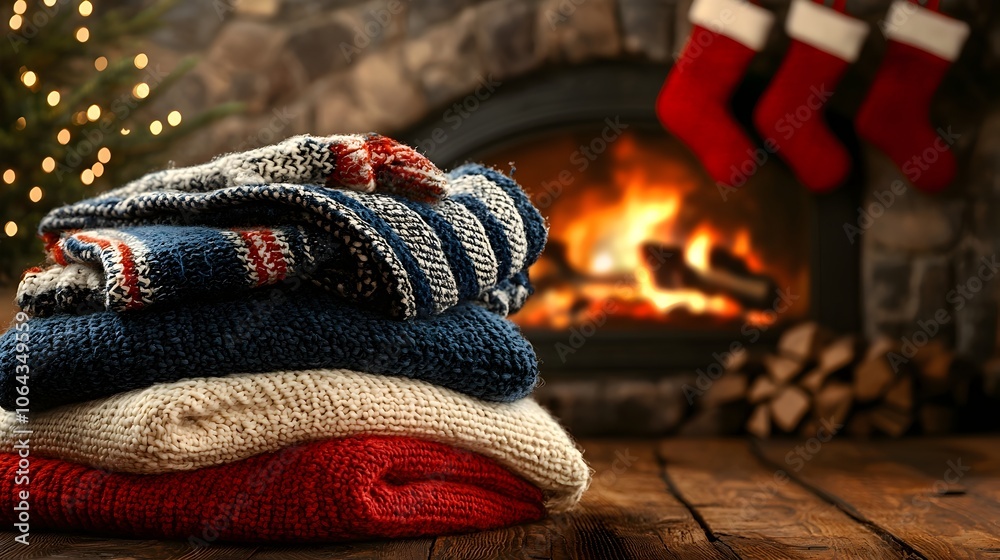 Cozy Wool Blankets Stacked by a Crackling Fireplace with Hanging Holiday   A Warm and Inviting Winter Scene of Seasonal Comfort and Tradition