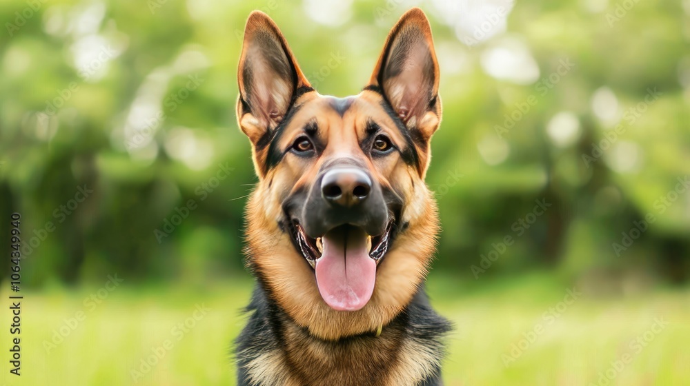 Happy german shepherd dog smiles brightly in lush green field showcasing joy and playfulness in nature Happy german shepherd dog smiles brightly in lush green field showcasing joy and playfulness in nature