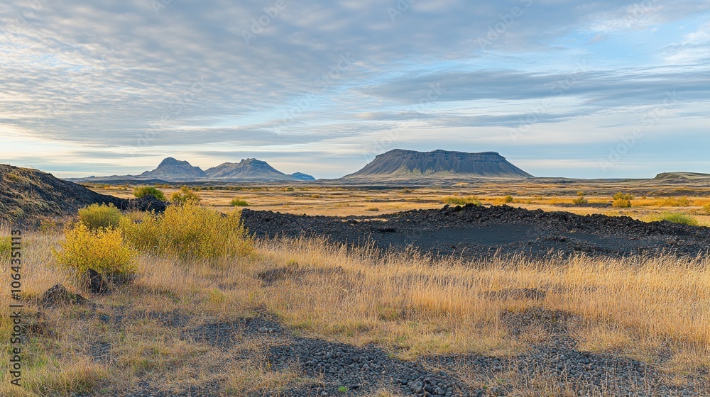 A serene landscape featuring mountains, grasslands, and a cloudy sky in a natural setting.