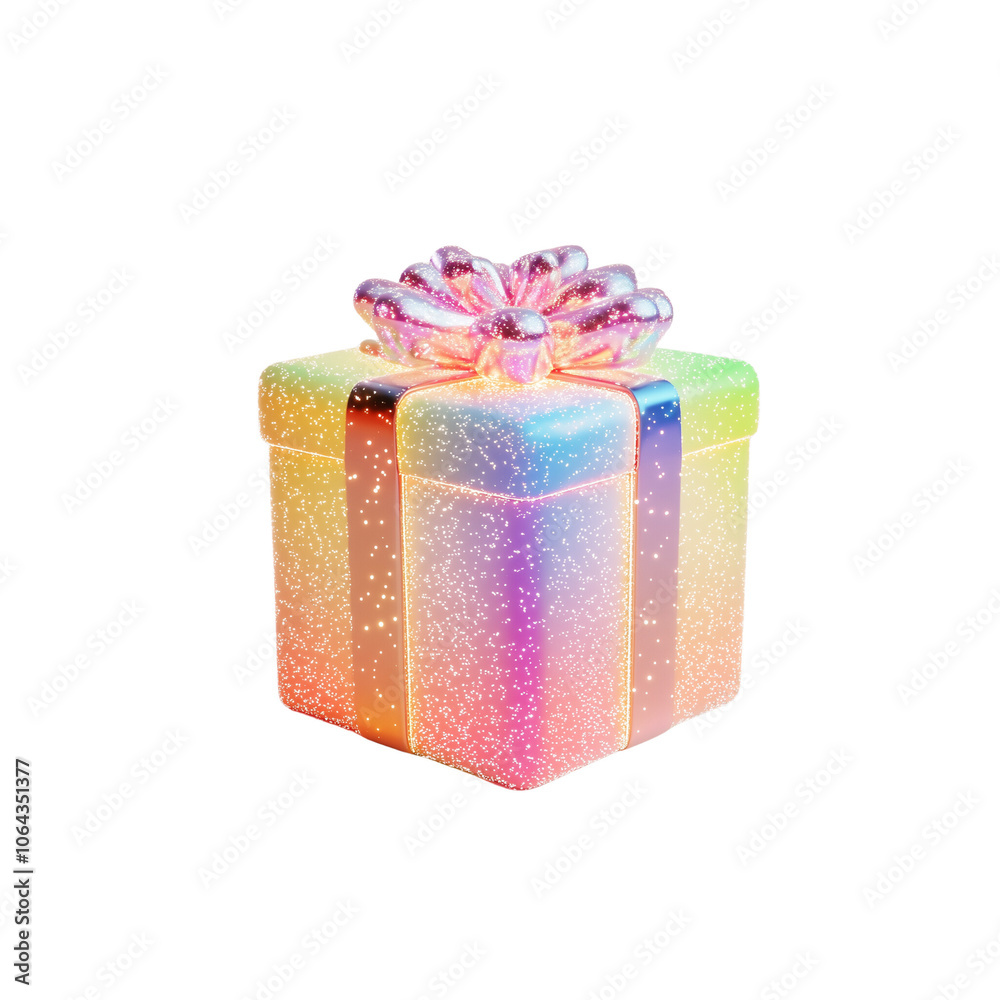 Rainbow Gift Box: A shimmering, iridescent gift box with a pink bow, sparkling with joy and anticipation. Rainbow Gift Box: A shimmering, iridescent gift box with a pink bow, sparkling with joy and anticipation.