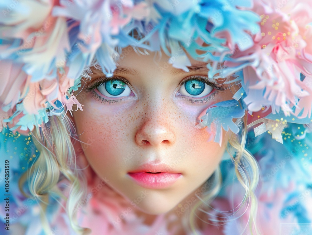 A young girl with blue eyes and pink cheeks. AI.