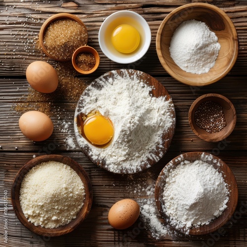 Baking ingredients laid out on a wooden table. AI.