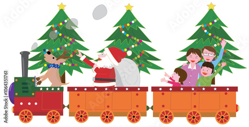 クリスマスの日にサンタクロースとトナカイが蒸気機関車でプレゼントを運んでいる。