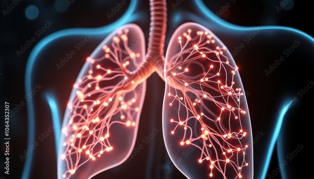 3D Human lungs with connected nodes and glowing lights representing neural networks and artificial intelligence technology 3D Human lungs with connected nodes and glowing lights representing neural networks and artificial intelligence technology