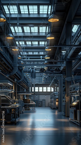 Industrial interior with high ceilings, exposed beams, and a concrete floor. AI.