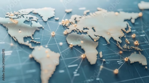 Network of pulsing nodes on abstract map, economic policy influencing global routes